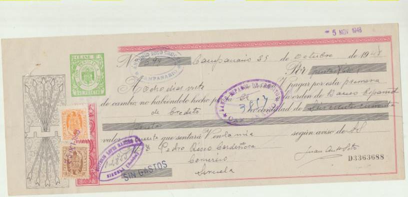 Letra de Cambio por Ptas. 640. Campanario 25-10-1948. Pagadera en Siruela