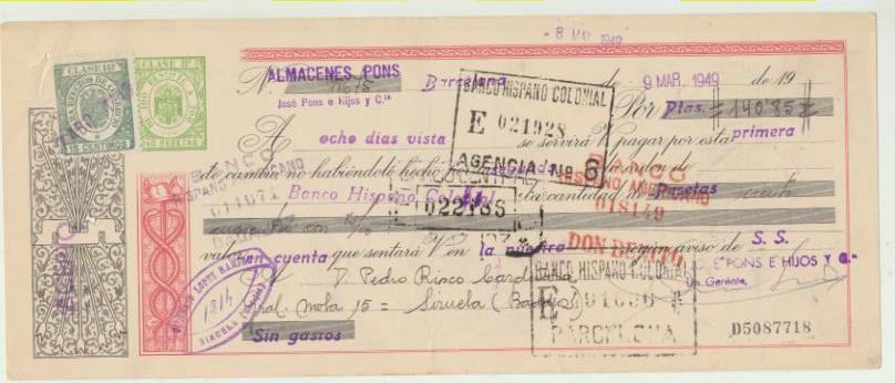 Letra de Cambio por Ptas. 140,85. Almacenes Pons Barcelona 9-3-1949. Pagadera en siruela