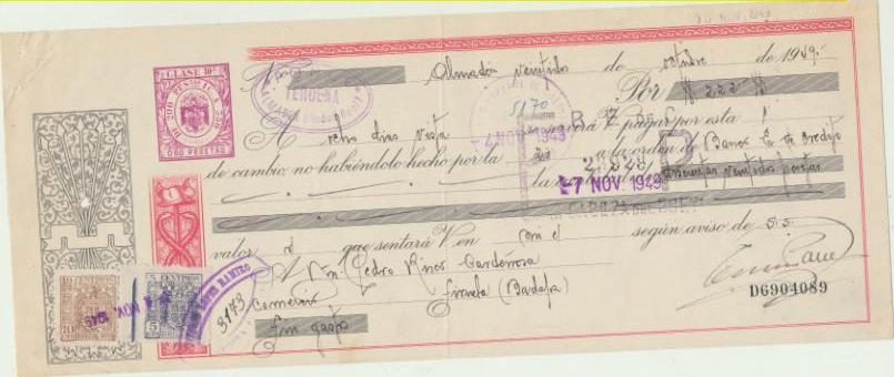 Letra de Cambio por Ptas. 222. Almadén 22-10-1949. Pagadera en Siruela