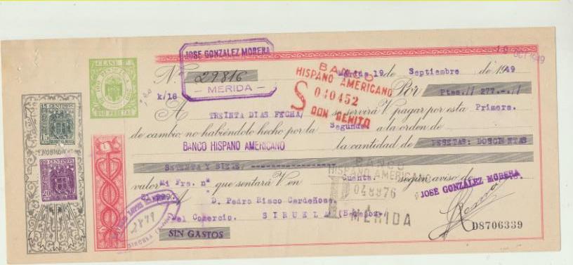 Letra de Cambio por Ptas. 277. Mérida 19-9-1949. Pagadera en siruela