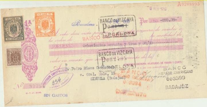 Letra de Cambio con membrete por Ptas. 893,38. Hilaturas de Fabra y Coats, Barcelona 14-1-1950. Pagadera en siruela
