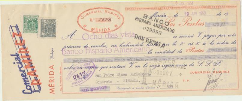 Letra de Cambio con membrete por Ptas. 473,05. Comercial Ramírez, Mérida 19-6-1950. Pagadera en Siruela