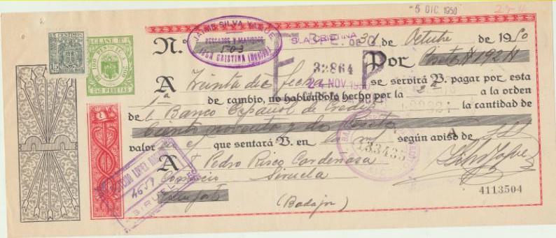 Letra de Cambio por Ptas. 192. Pescados y Mariscos Silva Yaque, Isla Cristina 30-12-1950. Pagadera en Siruela