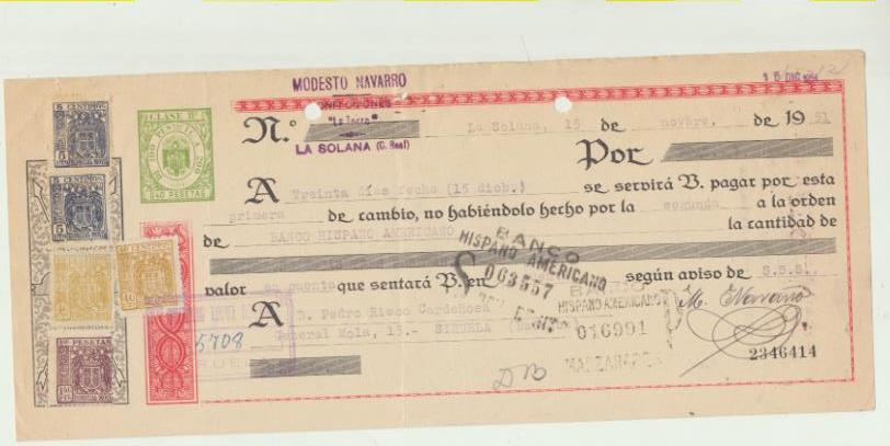 Letra de Cambio por Ptas. 1203. Confecciones la Torre, La Solana 15-11-1951. Pagadera en Siruela