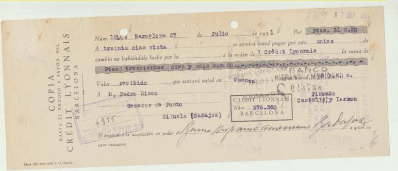 Copia hasta el endoso por Ptas. 316,50. Barcelona 27-7-1951. Pagadera en siruela