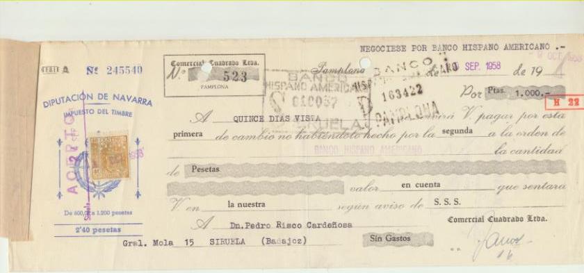 Letra de Cambio con Membrete por Ptas. 1000. Comercial Cuadrado, Pamplona 10-9-1958. Pagadera en Siruela
