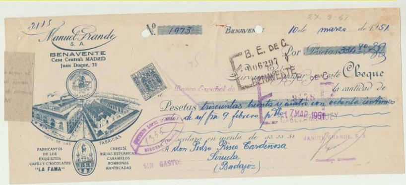 Letra de Cambio con Membrete por Ptas. 334,80. La Fama, Fábrica de Chocolates, Benavente 10-3-1951. Pagadera en Siruela