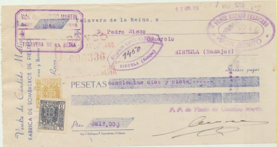 Letra de Cambio con Membrete por Ptas. 217. Vda. de Cándido martín, Fábrica de Sombreros, Talavera de la Reina 17-4-1958. Pagadera en Siruela