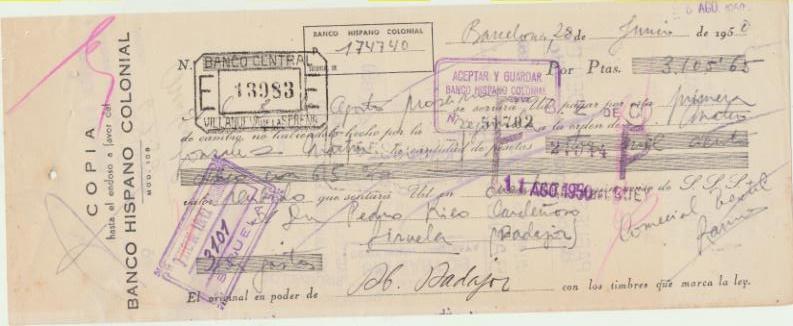 Copia hasta el Endos por Ptas. 3.105,65. Barcelona, 28-6-1950. Pagadera en siruela