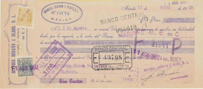 Letra de Cambio con Membrete por Ptas. 103,75. Coloniales y Drogas Manuel Servan, Mérida 17-7-1950. Pagadera en Siruela