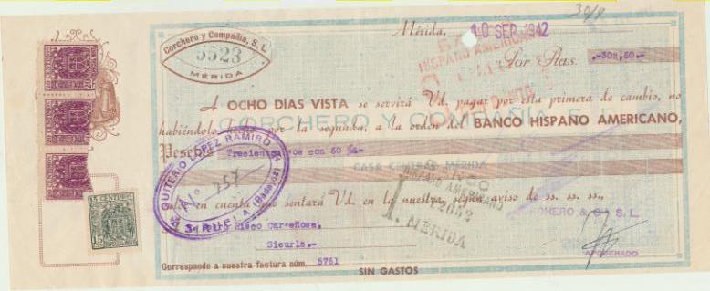 Letra de Cambio con Membrete por Ptas. 302,60. Corchero y Compañía S.L. Mérida 10-9-1942. pagadera en Siruela