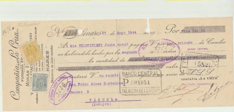 Letra de Cambio con Membrete por Ptas. 160,96. Compañía La Cruz, Minas y Fundición. Linares 27-5-1944. Pagadera en Siruela