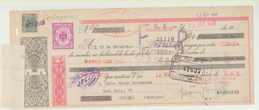 Letra de Cambio por Ptas. 229,80. Almacenes Recio, Salamanca 22-9-1949. Pagadera en Siruela