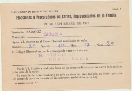 Elecciones a Procuradores en Cortes, Representantes de la Familia. 1971. Siruela (Badajoz)