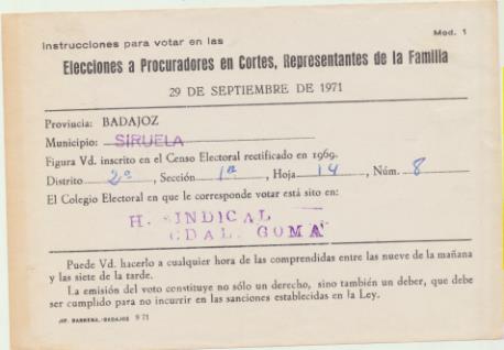 Elecciones a Procuradores en Cortes, Representantes de la Familia. 1971. Siruela (Badajoz)