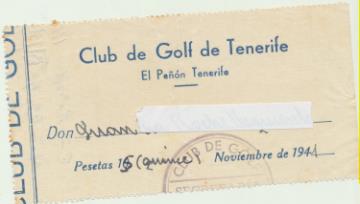 Club de Golf de Tenerife. Recibo de pago de cuota año 1941