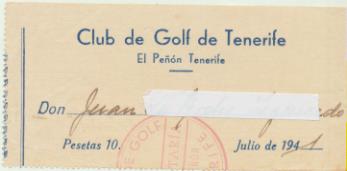 Club de Golf de Tenerife. Recibo de pago de cuota año 1941
