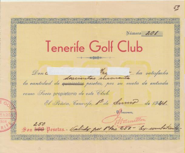 Tenerife Golf Club. Admisión de Nuevo Socio y cuota de entrada. Año 1941