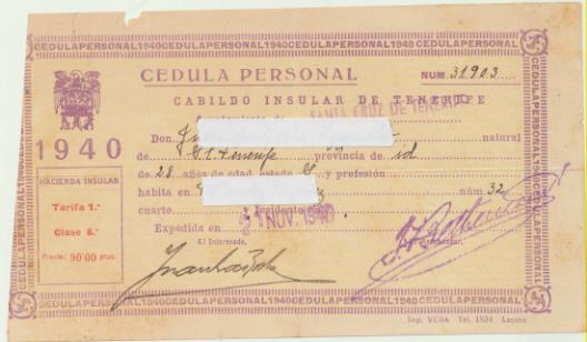 Cédula Personal. Tenerife 1940