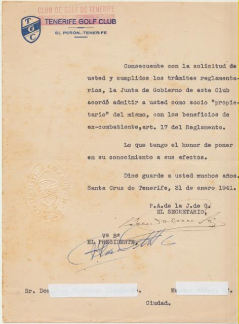 Club de Golf de Tenerife. Admisión de Nuevo socio. Año 1941