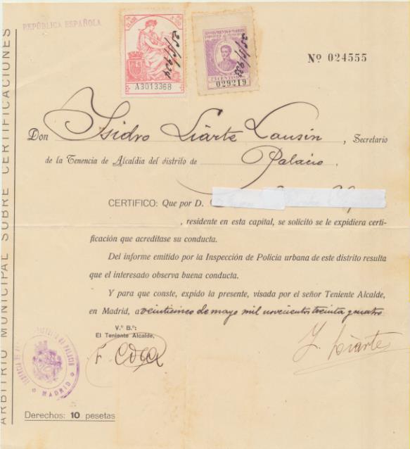 Certificado de Buena conducta. República Española. Mayo de 1934