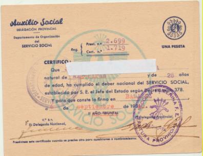 Carnet de Auxilio Social. Tampones de la Sección Femenina. Badajoz 6 Septiembre de 1940 (sobre 1934)