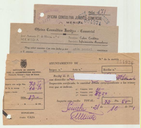 Lote de 3 Documentos: Instituto de Crédito para la Reconstrucción Nacional, Siruela 1941 y Oficina consultiva Jurídico-comercial de Mérida (2)