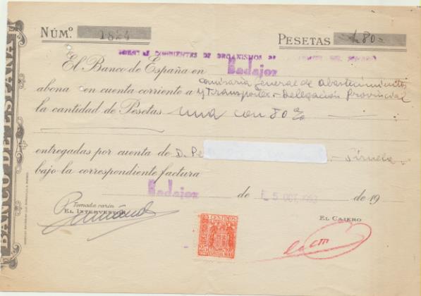 Banco de España. Abono en cuenta por Ptas 1,80. Badajoz 5-10-1953