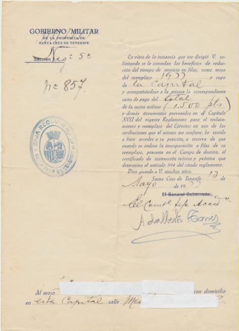 Documento. Pago de la Cuota Militar (1.500 Ptas) Por reducción del tiempo de servicio en filas, como mozo del Reemplazo de 1933
