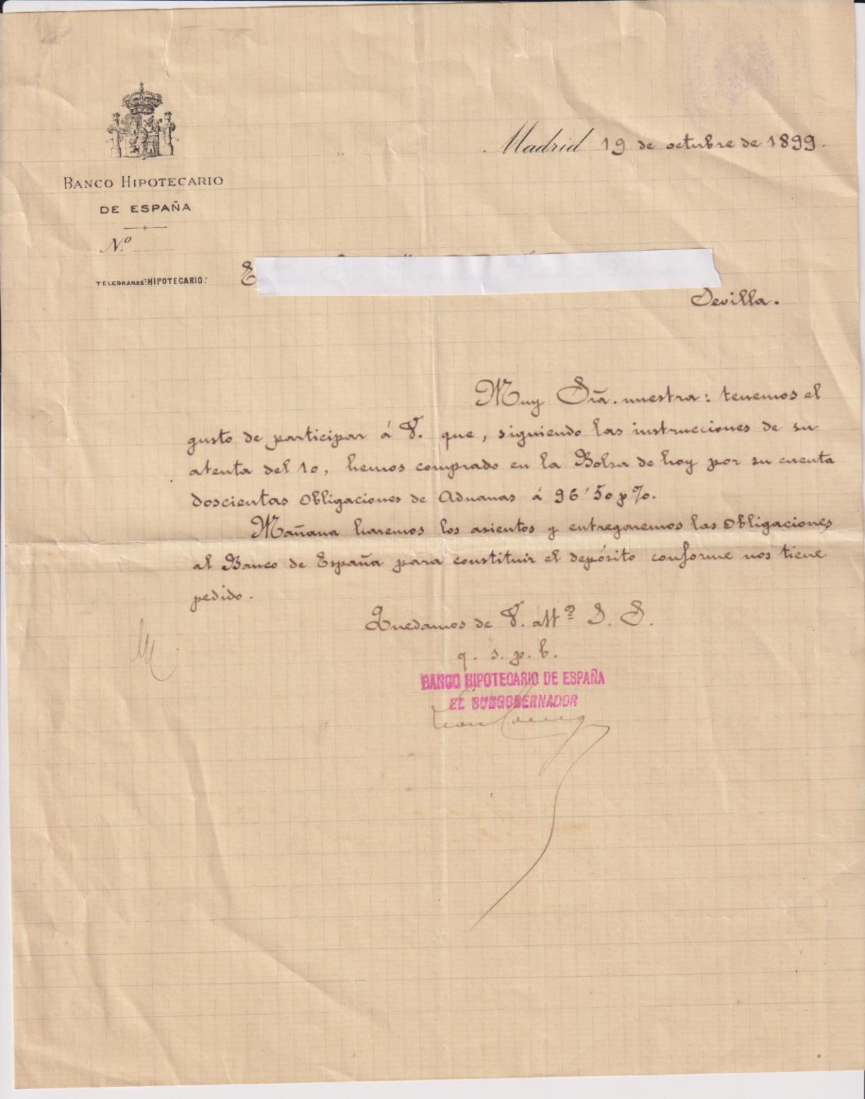 Banco Hipotecario de España. Telegrama Hipotecario. Comunicando la compra de 200 acciones de Aduanas. Madrid 19 Octubre 1899