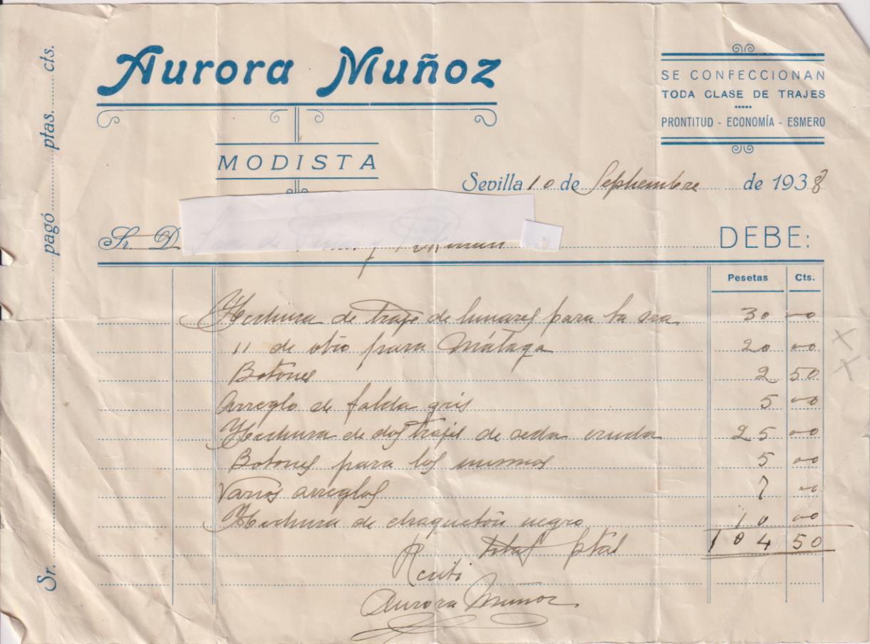 Aurora Muñoz. Modista. Factura por 104.50 Ptas. Sevilla 10 de Septiembre de 1938