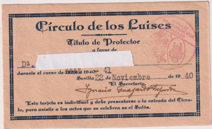 Círculo de los Luises. Título de Protector. Sevilla 22 Noviembre de 1940