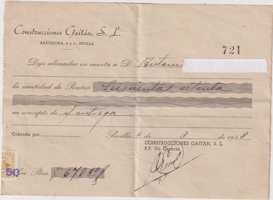 Construcciones Gaitán S.L. Factura por 670 pesetas. Sevilla 6-3-1943