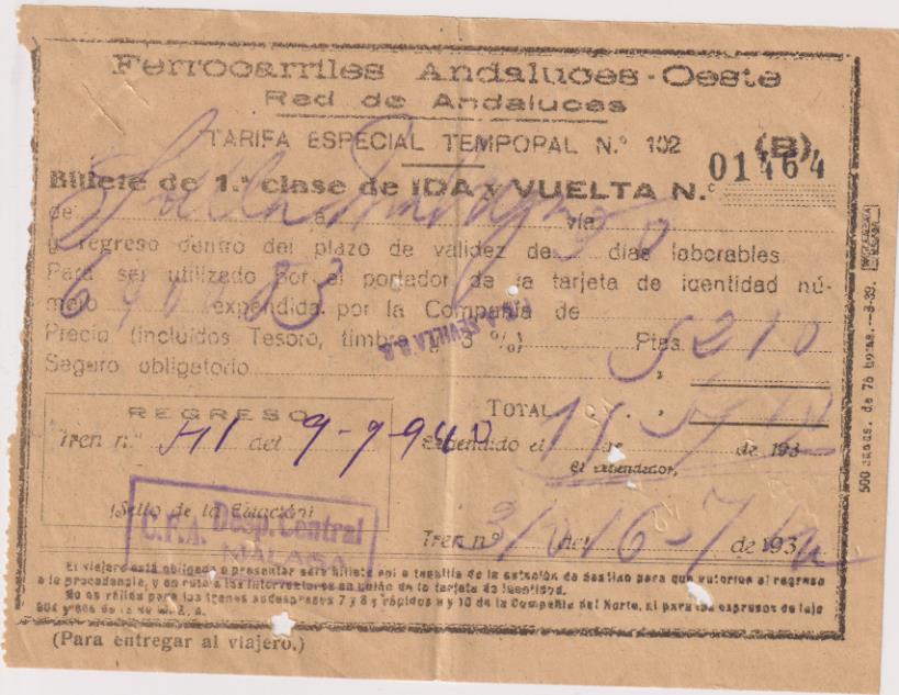Ferrocarriles Andaluces-Oeste. Billete de 1ª clase de ida y vuelta Sevilla Málaga. 9-9-1940