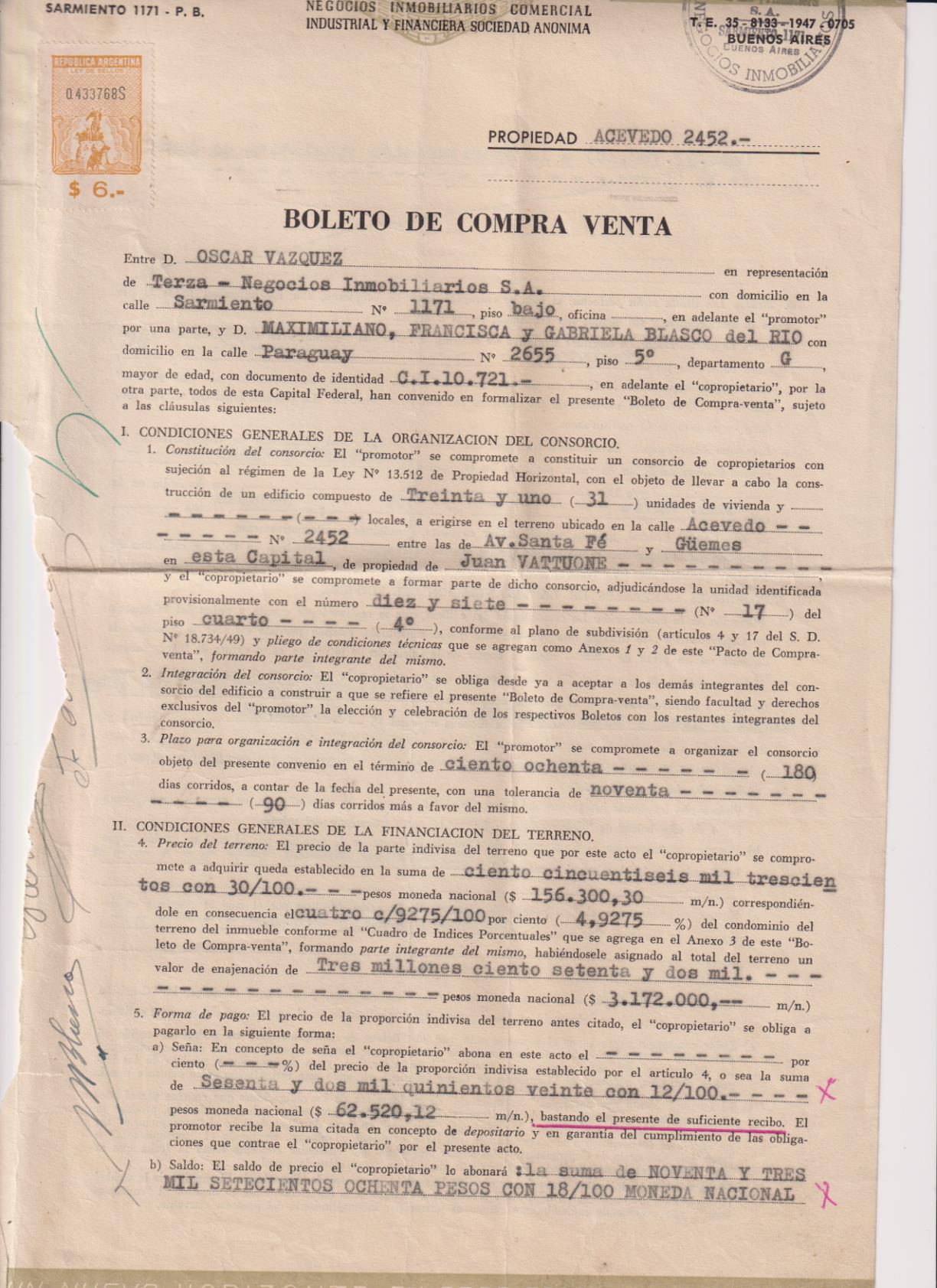 Terza. Negocios Inmobiliarios. Factura de compra por 156.300, 30 pesos Argentinos. Buenos Aires 1947. Lleva póliza de 6 pesos