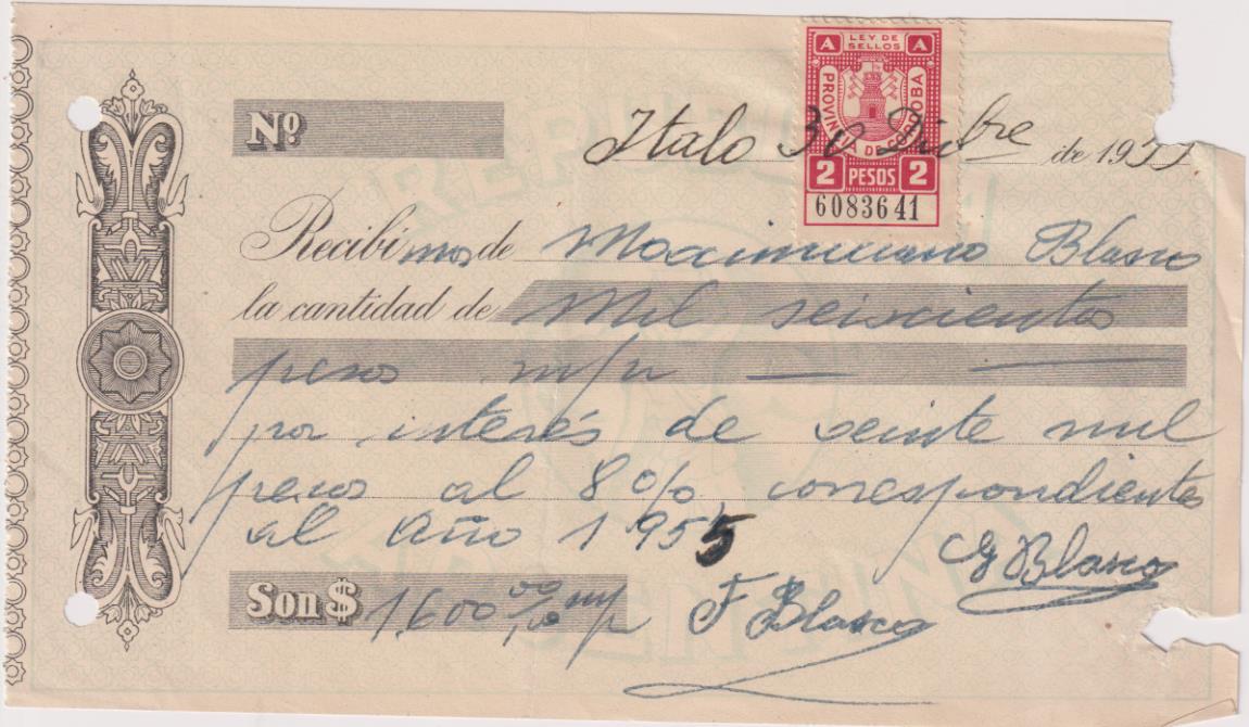 Documento de pago por Mil Seiscientos pesos (1.600). Ítalo 30 diciembre de 1955. Sello de la provincia de Córdoba (Argentina)