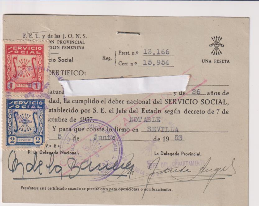 F.E.T. y de las J.O.N.S. Sección Femenina. Certificado de haber cumplido el Servicio Social con Notable. Sevilla 5 de Junio de 1953