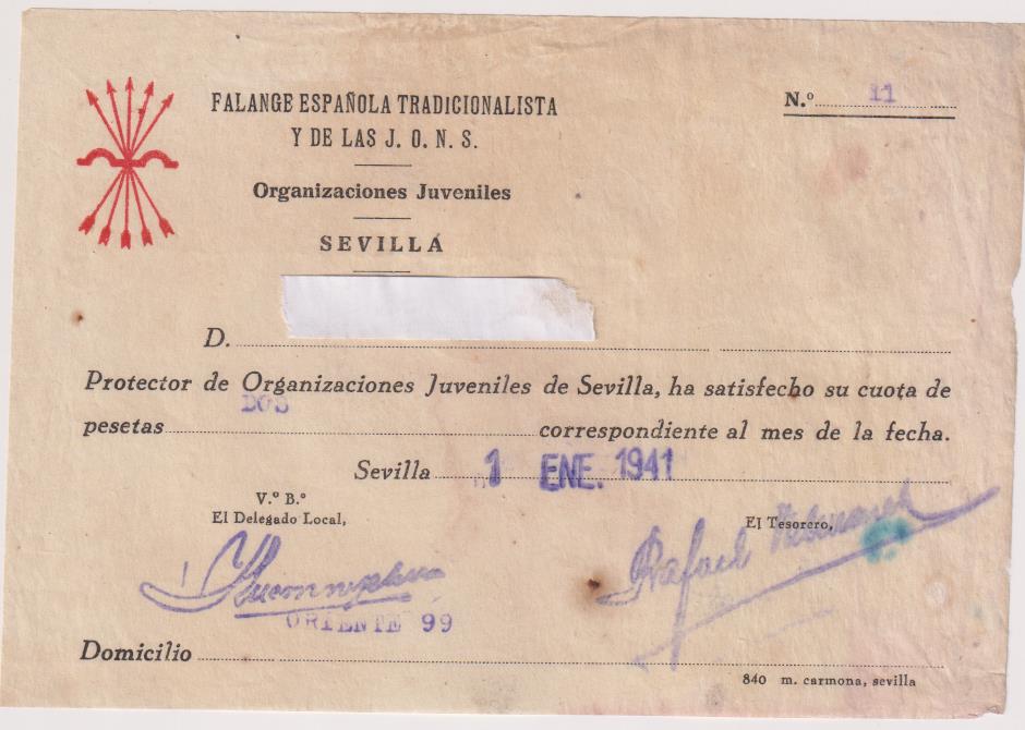 Falange Española Tradicionalista y de las J.O.N.S. Organizaciones Juveniles, 1941. Protector Recibo