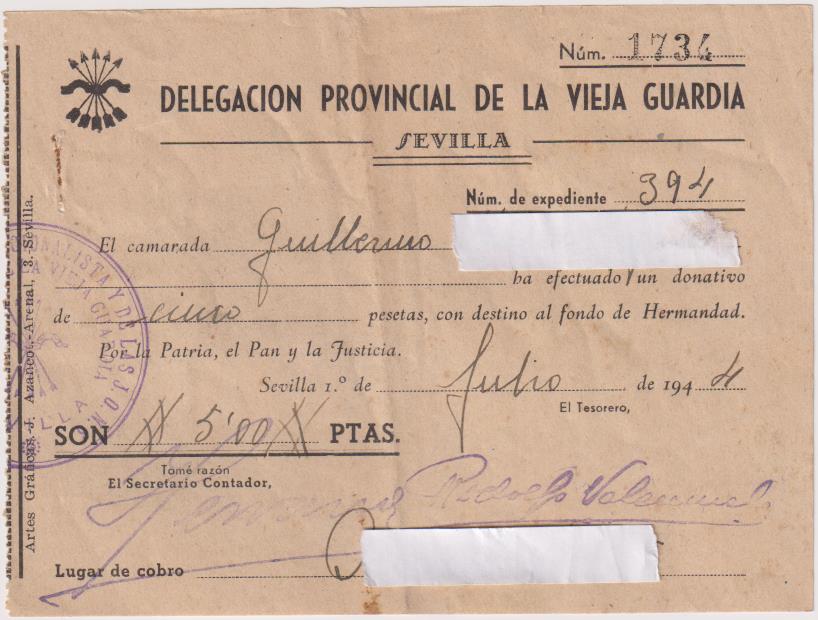 Delegación Provincial de la Vieja Guardia. Sevilla 1944. Recibo de donativo