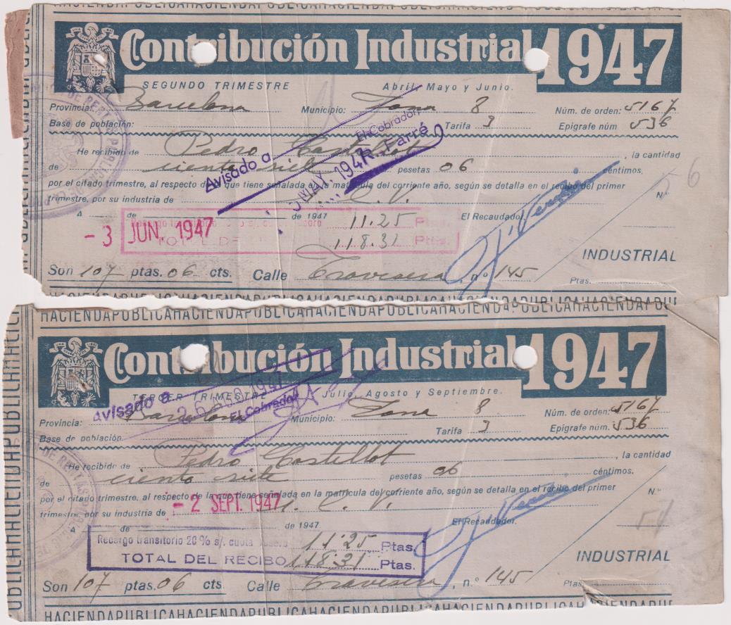 Lote de 2 Recibos de Contribución Industrial de 1947