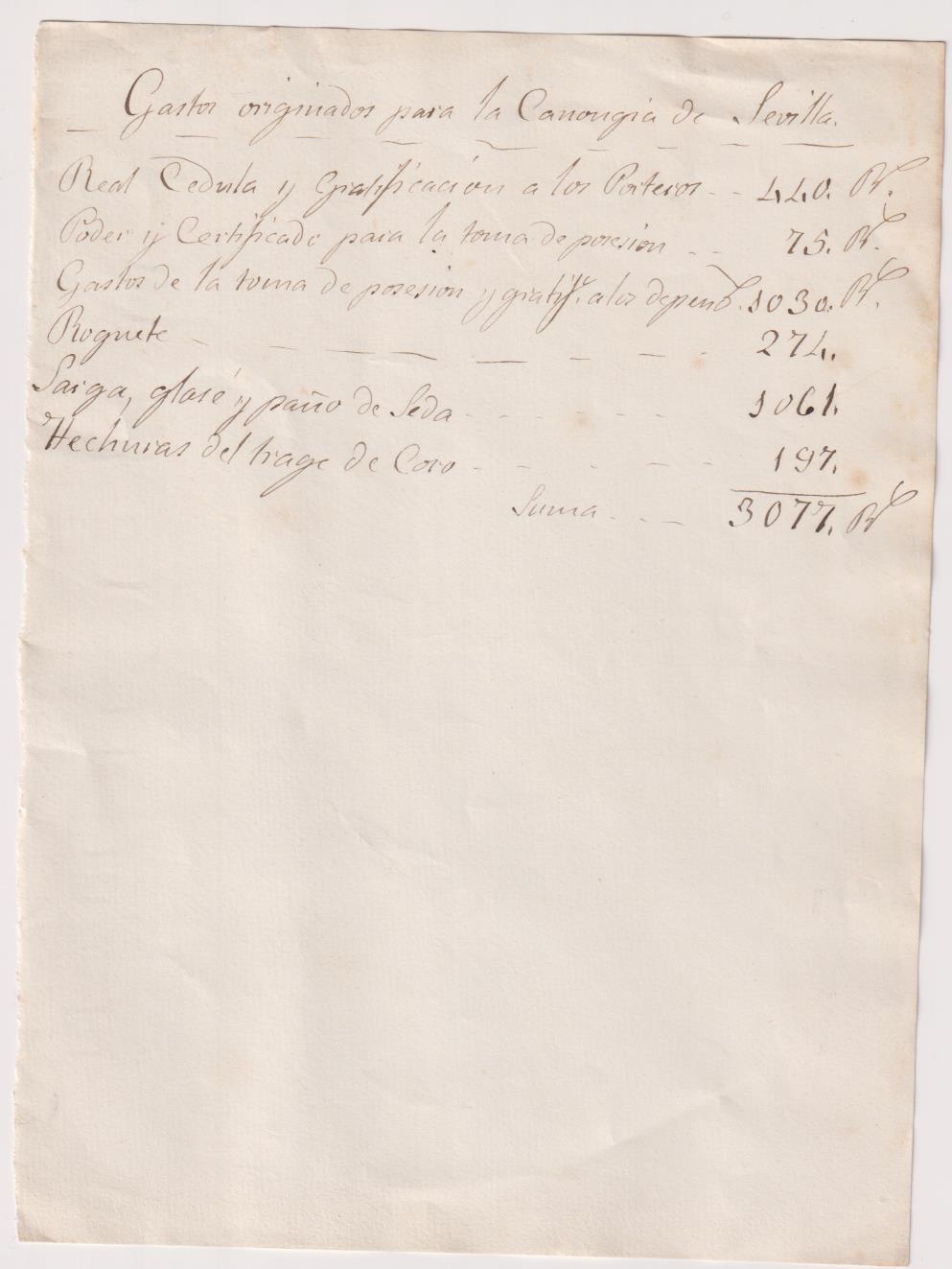 Gastos originados para la Canonjía de Sevilla. Total: 3. 077 Reales de Vellón. Siglo XVII-XIX