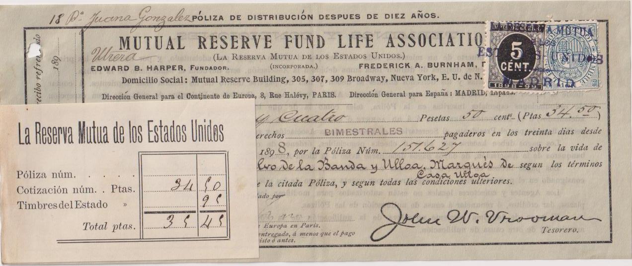 Reserva Mutua de los Estados Unidos. Póliza de Distribución por 34, 50 Ptas. 1 Agosto de 1898