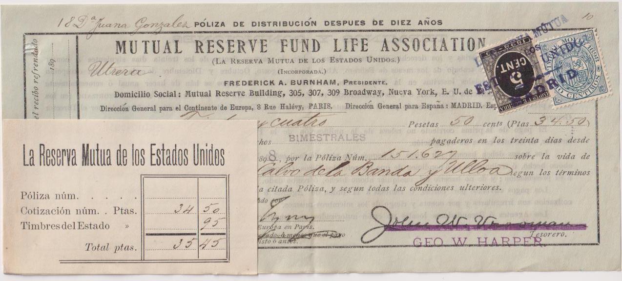 Reserva Mutua de los Estados Unidos. Póliza de Distribución por 34, 50 Ptas. 1 Diciembre 1898