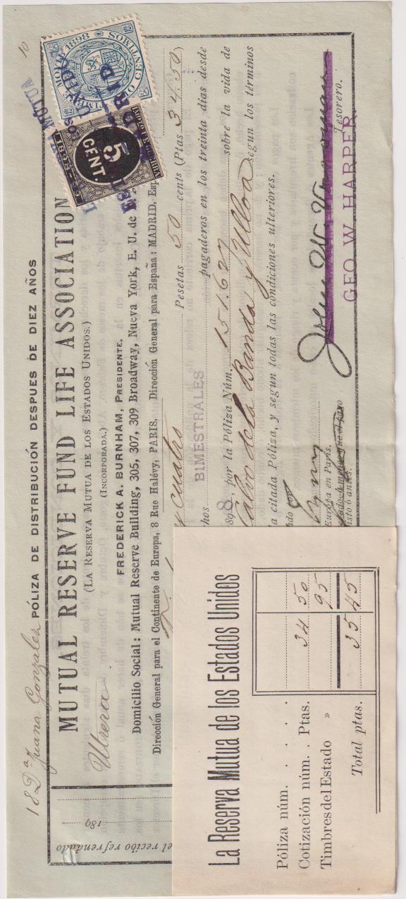 Reserva Mutua de los Estados Unidos. Póliza de Distribución por 34, 50 Ptas. 1 Octubre 1898