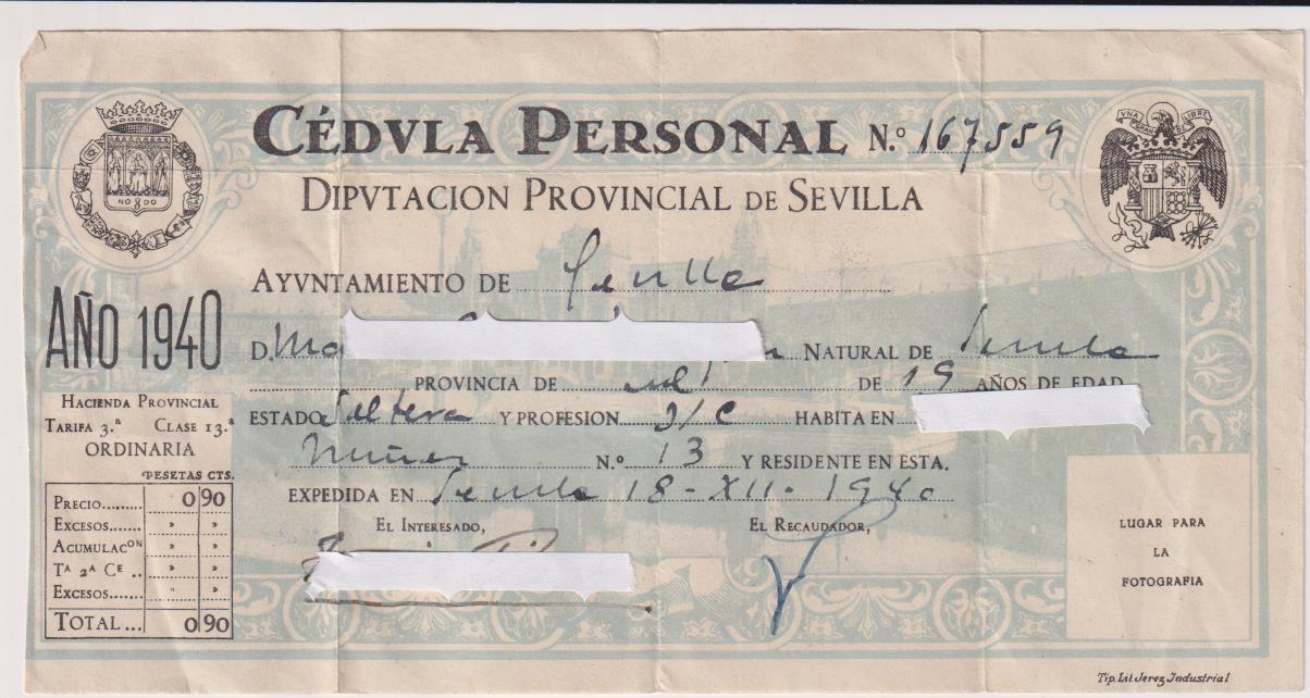 Cédula Personal. Diputación Provincial de Sevilla, 1940. Al dorso sello Auxilio de Invierno
