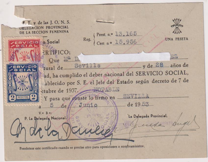 Carnet de servicio Social. Sevilla, 5 Junio de 1953, con dos sellos servicio Social