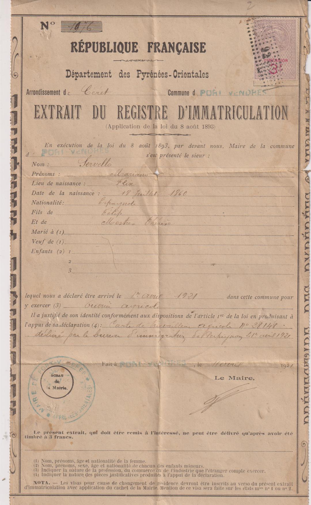 República Francesa. Departamento de los Pirineos Orientales. Registro de Nacionalidad , 1921