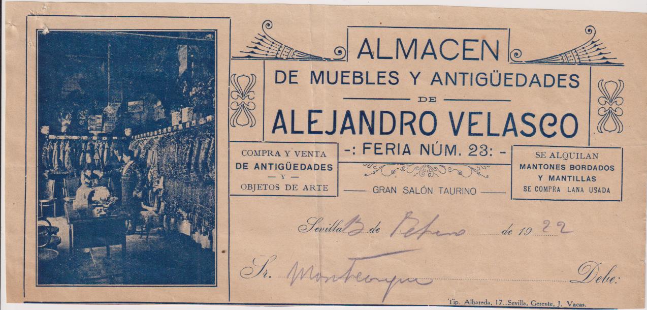 Factura con Membrete. Antigüedades A. Velasco. Feria, 23. Sevilla 1922