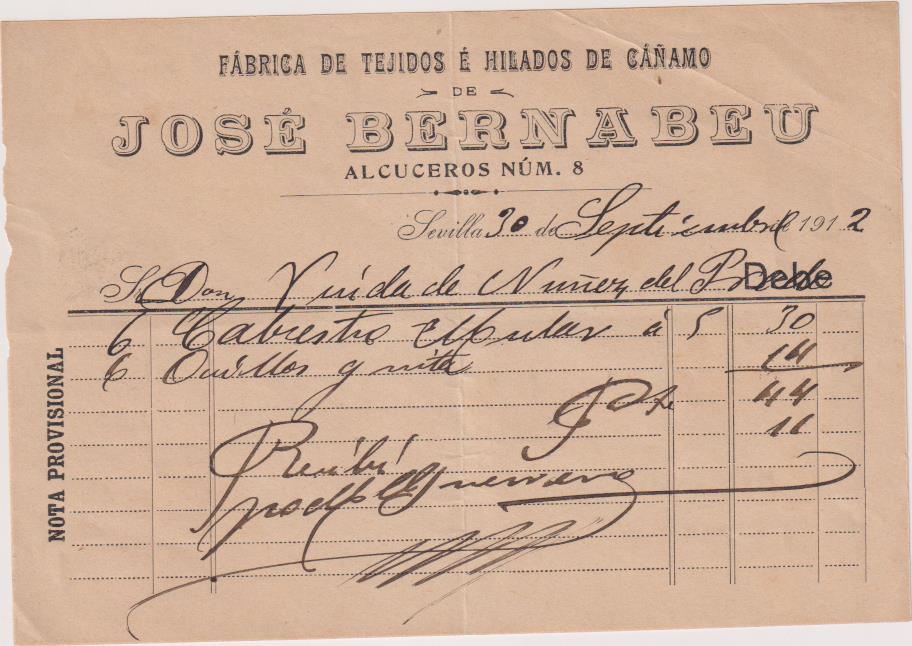Factura. Fábrica de Tejidos e hilados de cáñamo. José Bernabéu. Sevilla, 30-9-1912
