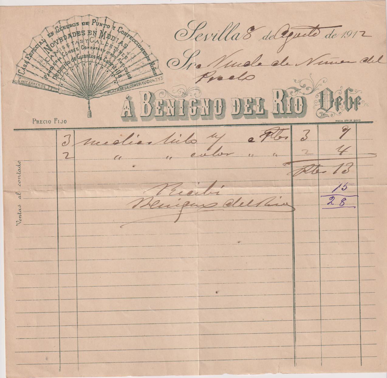 Benigno del Río. Géneros de Punto y Novedades en Medias. Factura, 8 Agosto 1912